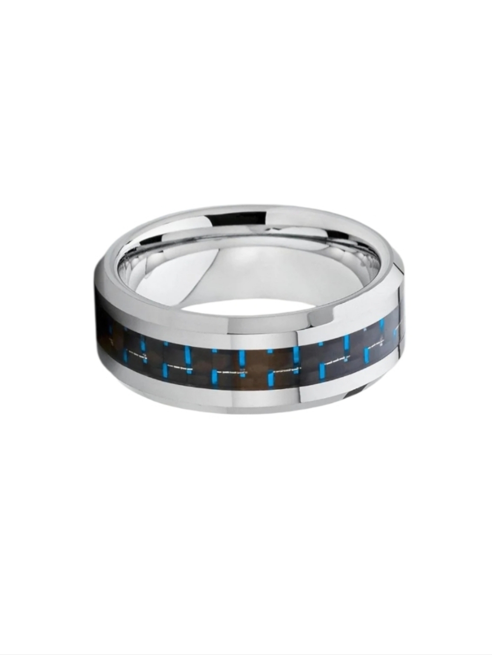 Stainless Steel Polished Ring with Blue Carbon Fiber Inlay